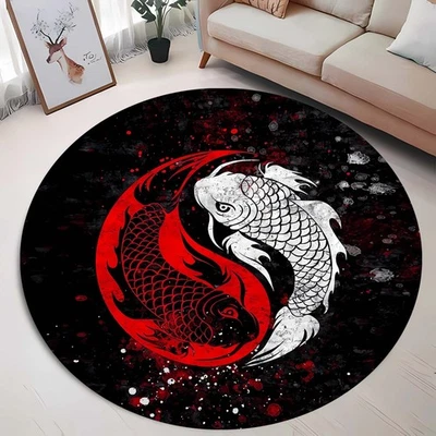 Yin Yang Koi Fish Rug, Japanese Koi Carp Carpet, Zen Round Floor Mat, Feng Shui - Image 1 of 4