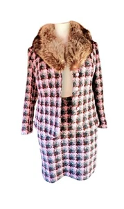 Real FOX FUR Collar Coat Jacket Pencil Skirt 2pc Suit Old Rose Pink Tweed 46/XL - Picture 1 of 16