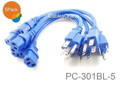 5-Pack 1ft Short 3-Conductor, 18AWG, NEMA 5-15P to IEC C13 Power Cable, Blue - Image 1 of 4