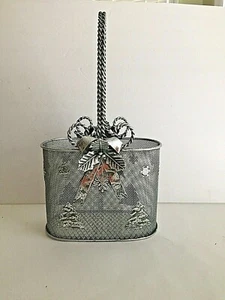 Vintage Antique Silver Metal Wire Spiral Handle Basket Christmas Decorated 15"T - Picture 1 of 12