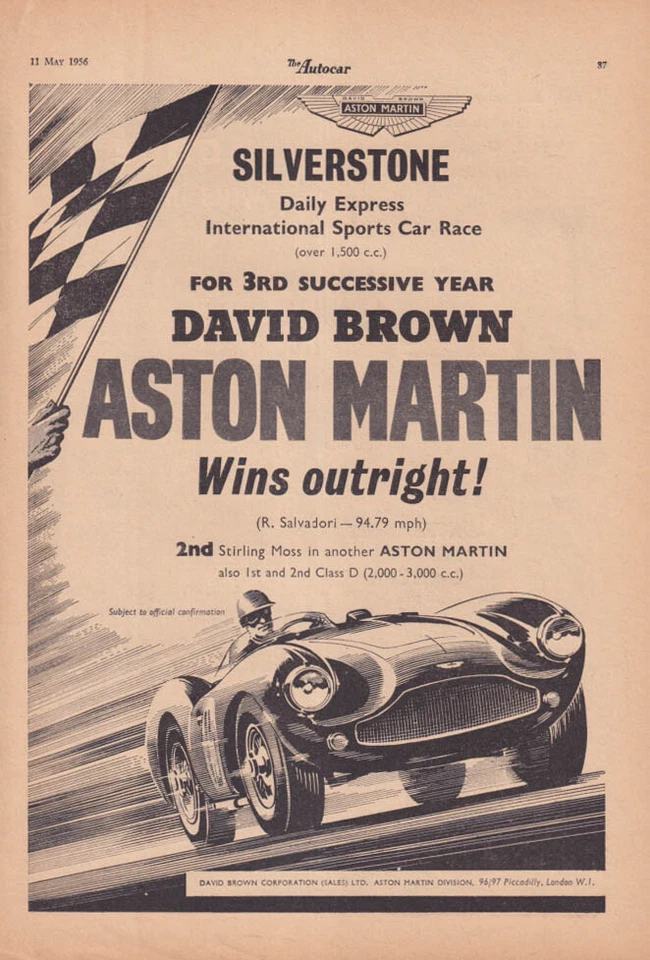 David Brown Aston Martin gana Silverstone Sports Car Race anuncio 1956 Foto 1 de 1
