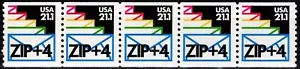 USA 1985 21.1¢ ENVELOPES ZIP+4 STRIP OF FIVE COIL STAMPS SCOTT 2150 MNH - Picture 1 of 3