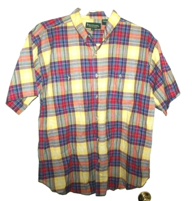 Camiseta Bert Pulitzer vermelha verde azul amarela xadrez botão frontal manga curta G - Imagem 1 de 4
