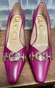 Authentic GUCCI GG Zumi Malaga Pink Leather Heels size 34.5 / 4.5 new - Picture 1 of 8