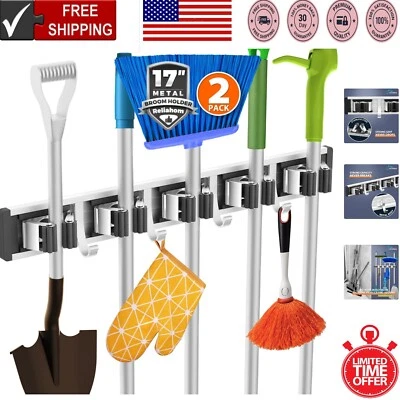 Soporte para escoba ajustable de alta resistencia y organizador de herramientas - 5 bastidores, 4 ganchos incluidos Foto 1 de 4