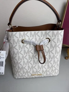 Michael Kors Suri Medium Bucket Bag Crossbody Vanilla Luggage Canvas $298 NWT - Picture 1 of 10