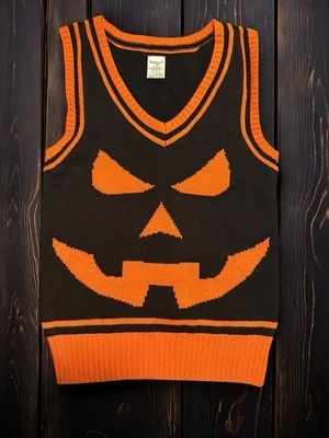 Spirit Halloween Jack O’ Lantern Pumpkin Sweater Vest Black Orange Size M - Image 1 of 4