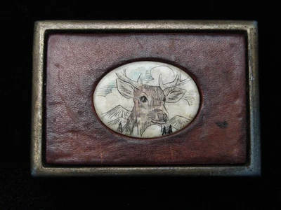 QL01108 VINTAGE 1970s **DEER & MOUNTAIN** ARTWORK LEATHER BELT BUCKLE - Image 1 of 2