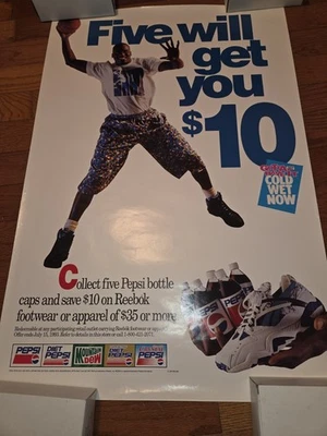 De colección.  Póster de exhibición Shaquille O'Neil Pepsi/Reebok 3'x2' "Cinco te conseguirán $10" Foto 1 de 4