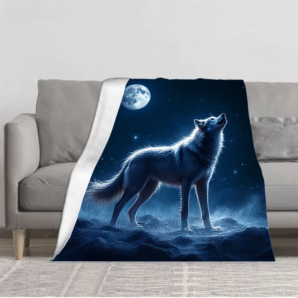 Majestic White Wolf Under Full Moon - Durable Soft & Warm Flannel Blanket  - Image 1 of 4