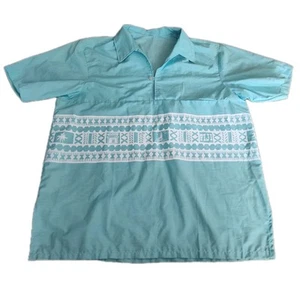 Vintage 70s Button Up Short Sleeve Beach Camp Shirt XL Blue SailBoat Ocean - Picture 1 of 13