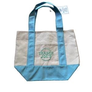 TRADER JOE's 2025 Pastel Mini Canvas Reusable Tote Bag, Natural + Baby Blue - Picture 1 of 9