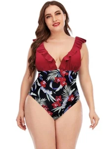 Women's 3XL One Piece Swimsuit Mooncore Red Ruffle Plunge Neck Slimming NEW - Picture 1 of 4