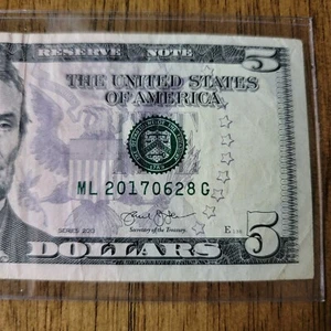 2017 June 28 : 20170628 $5 Five Dollar Bill Fancy Serial Number Birthday Note - Picture 1 of 7