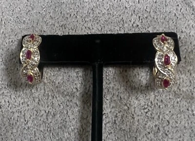 Ross Simons Gilt Lab Created Pink Sapphire Sterling Silver Hoop Earrings Signed - Image 1 of 4