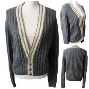 Vtg Cardigan Sweater M Gray ivory Grandpa tennis academia School girl Grunge Y2k - Picture 1 of 16