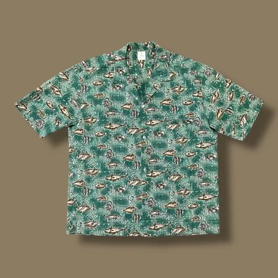 Camisa Hawaiana De Colección Estampado de Peces Aloha Camp Años 80 90 Algodón Verde XL Foto 1 de 4