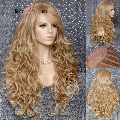 Human Hair Blend Wig Heat OK Curly Long Blonde Mix Bangs Layered 27-613 Natural - Image 1 of 4
