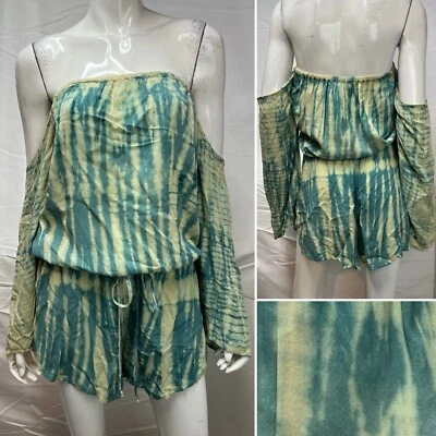 Blue Life Women's XS Tie-Dye Green Blue Off The Shoulder Bell Sleeve Romper - Image 1 of 4