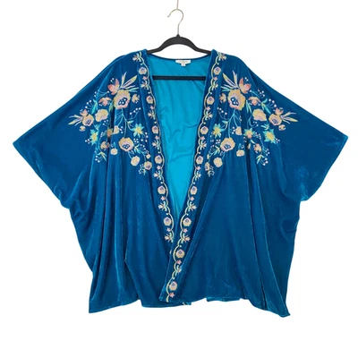 Umgee Velvet Kimono Embroidered Womens Sz S/M Teal Boho Hippie Festival Floral - Image 1 of 4