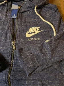 Nike Just Do It Hoodie Womens Medium Heather Blue Swoosh Logo Cotton Full Zip - Picture 1 of 4