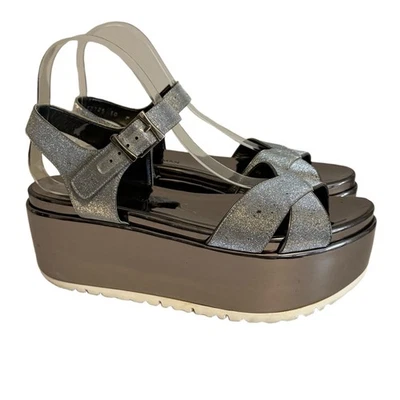 STUART WEITZMAN Wedge Sandals 10M Silver Metallic Glitter Glam Clubwear Party - Image 1 of 4