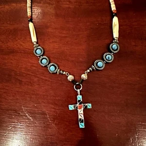 E & J Sterling Silber Türkis Southwestern Halskette Western Perlen Kreuz  - Bild 1 von 11