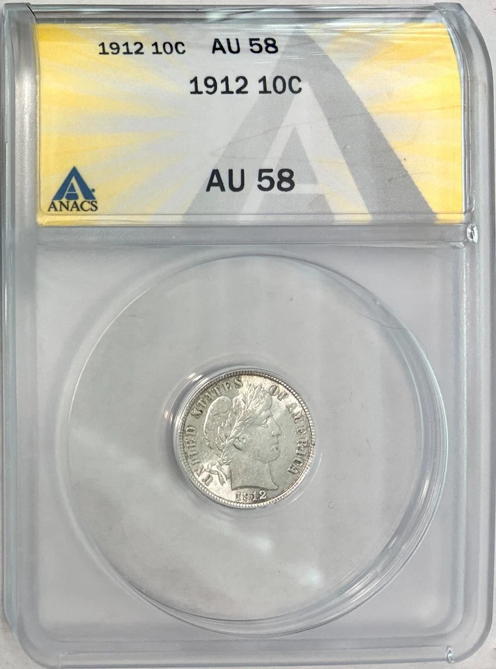 1912 Silver Barber Dime, ANACS AU-58, Lustrous Coin! - Image 1 of 2