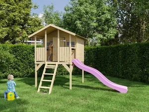 Stelzenhaus Kinderspielhaus Spielhaus mit Wellenrutsche pink Fenster Leiter - Bild 1 von 8