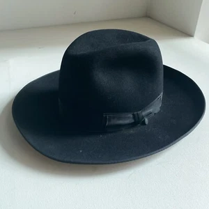 Vintage Vanzina Black Wool Felt Wool Wide Brim Fedora w Bow 56cm /M - Picture 1 of 11