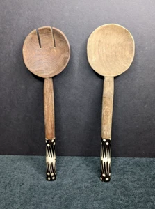 Juego de 2 Servidores de Ensaladas Grandes de Madera y Hueso Hechos a Mano Vintage 12" de Largo - Imagen 1 de 5