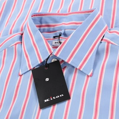 Camisa de vestir Kiton nueva con etiquetas talla 15.75 40 azul rosa con rayas blancas 100 % algodón Foto 1 de 4