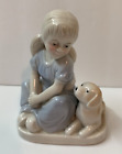 Vintage Figurine Little Girl With Her Dog - Blue White - 4”