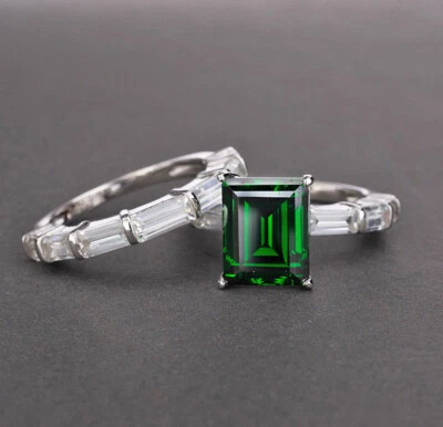 Women's 925 Sterling Silver Emerald Green Diamond Created Rings Set Ring C35 - Image 1 of 3