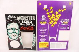 2 Vintage Coca Cola Countertop Cardboard Standee Frankenstein Horror Movie 1980s