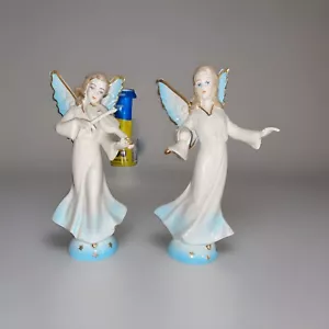 2 Vintage Dresden Germany Porcelain Angels Playing Instruments Blue Gold Gilt - Picture 1 of 9