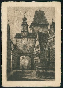 Radierung Rothenburg Stadttor Fachwerkhäusern und Brunnen im detailreichen Stil - Picture 1 of 2