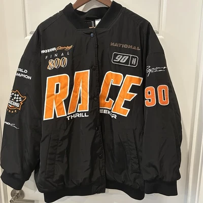 H&M разделенный гонщик Bomber куртка XL черный оранжевый графика XL большого размера мотоциклиста - Изображение 1 из 4