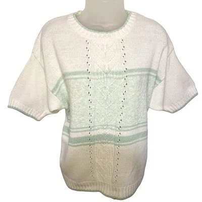 Vintage Koret XL Open Knit White Green Short Sleeve Top Coastal Grandma - Image 1 of 4