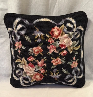 Vintage C&F Enterprises Rosebud & Blue Ribbons - Black Needlepoint Pillow 10x10 - Image 1 of 4