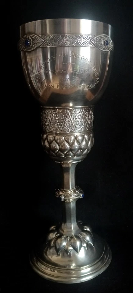 JUGENDSTIL - ARTS & CRAFTS WMF CHALICE - TROPHY  SILVER-PLATE & JEWELED 1915 - Image 1 of 4