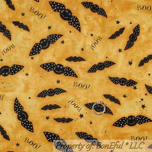 BonEful Fabric FQ Cotton Quilt Yellow Gold Black B&W Bat Dot Star Dot Scary Barn - Picture 1 of 9