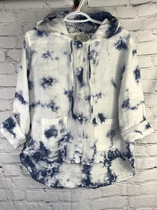 NUEVO Rachel Zoe 100% Lino Tie Dye Botones Prensa Enrollable Manga Capucha Top Bolsillos S - Imagen 1 de 24