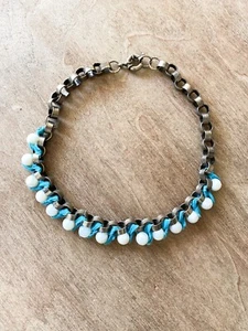 Y2K Anthropologie Brass Chain Link Choker Necklace White Stone Beads Jewelry - Picture 1 of 4