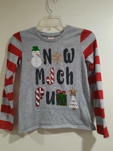Girls Snow Much Fun Gray Red Stripes Sequin Snowman Christmas Shirt. Size 10-12. - Picture 1 of 6