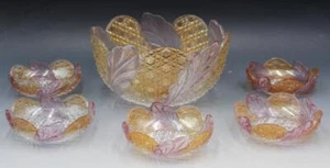 Vintage Fenton 2 Farben Pressglas 6 Stück Dessert Set mit Blättern & Punkt Muster - Bild 1 von 11