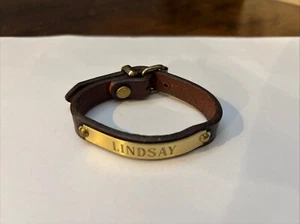Engraved Leather bracelet with brass plate Handmade in USA - Name Lindsay - Picture 1 of 4