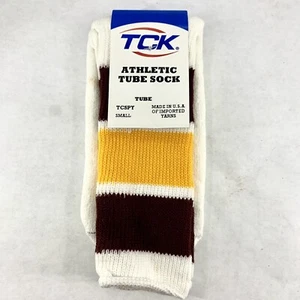 Vtg TCK Retro 3 Stripe Tube Sock Maroon Gold Yellow Cotton Nylon USA Adult Small - Picture 1 of 8