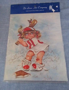VINTAGE DE`LEON DECOR DECOUAGE WALL ART  BASEBALL GIRL BATTING SIGNED KATHY - Picture 1 of 3