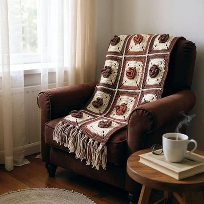 Manta Afgana De Colección Hecha a Mano Crochet 3D Rosa Abuela Cuadrada Marrón 74x45 Boho Foto 1 de 4